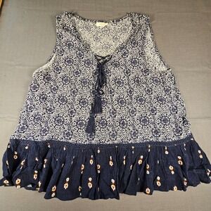 Ganji LA Womens Large Blue White Mixed Print Lace Up Tassel Peplum Tank Top